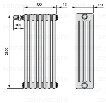 Схема (чертеж) Радиатор Zehnder Charleston 5280/7 №V012 Белый глянцевый RAL 9016